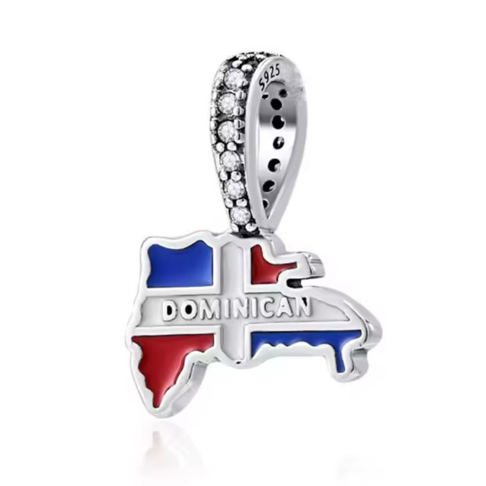 NWOT Dominican Republic Flag Map Dangle Charm Sterling Silver 925
